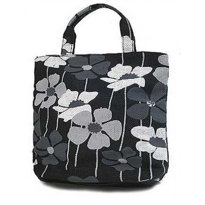 Black - White Floral Print Paper Straw Tote - BG-ST825BK